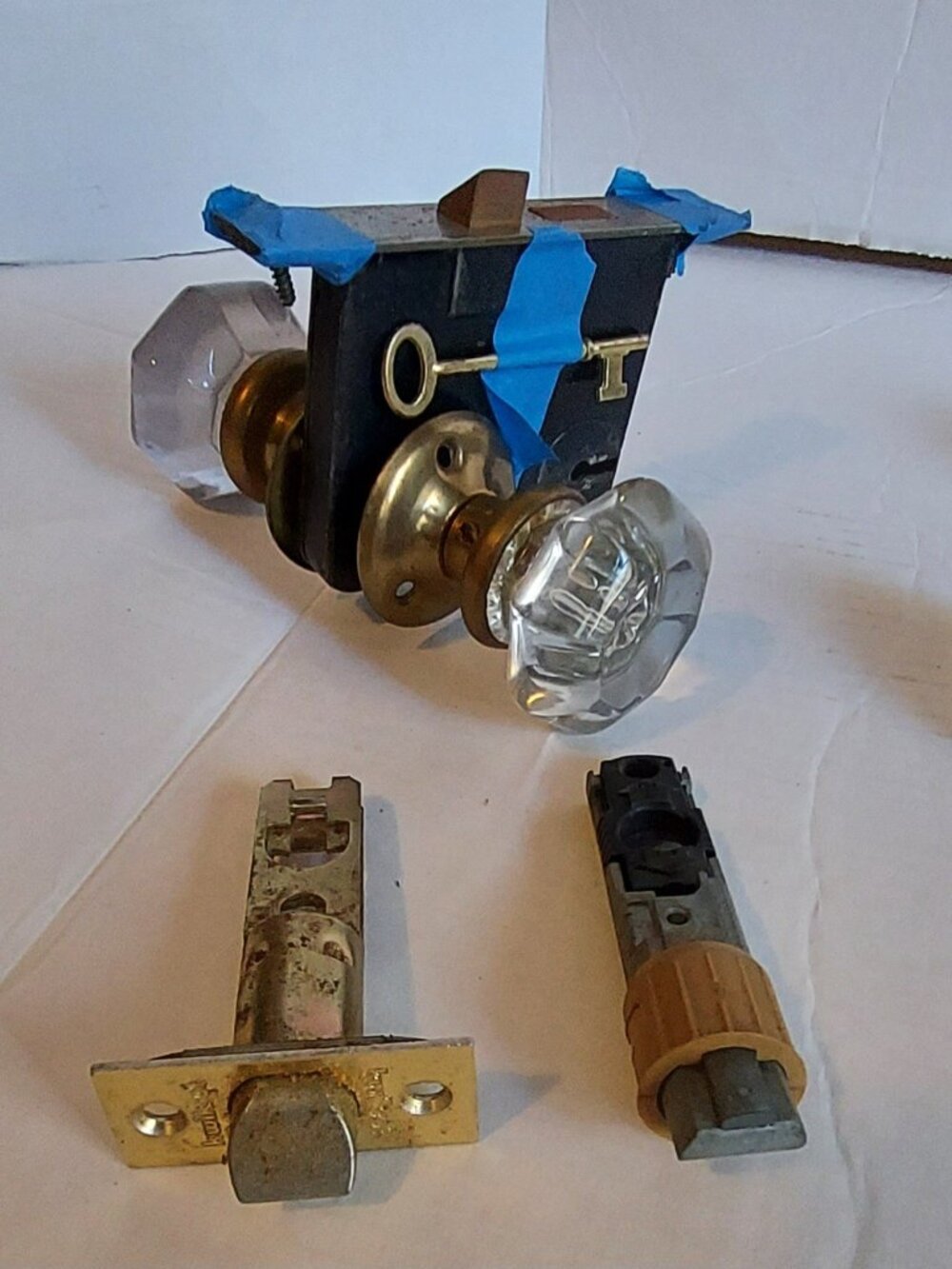 Vintage Glass Door Knob Complete Set w/Deadbolt Lock & Skeleton Key (incl screws